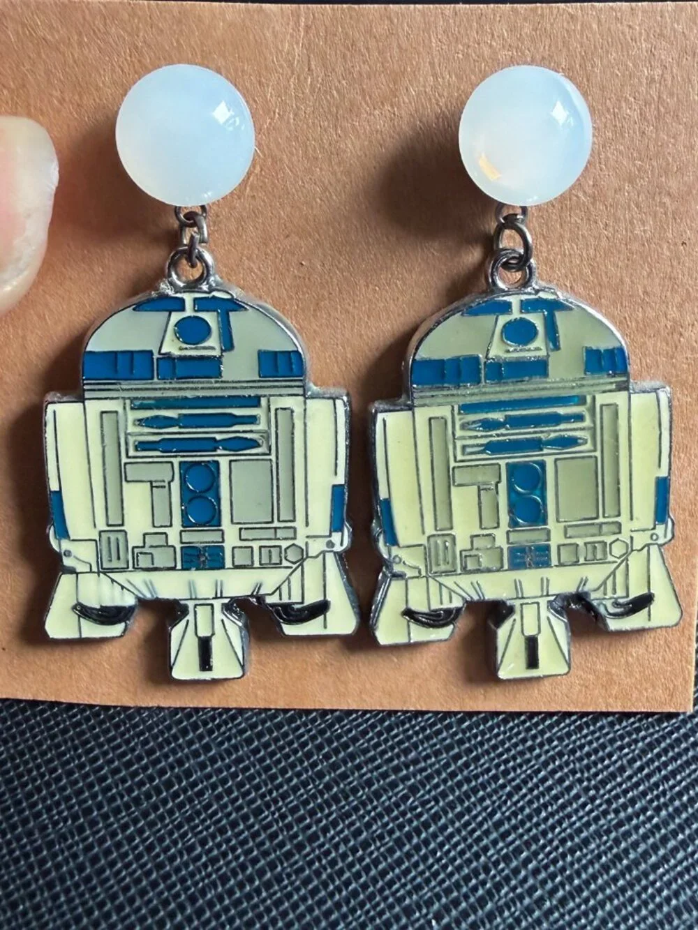 Star Wars R2-D2 Handmade Metal Dangle Earrings with Acrylic Moonstone Studs - Picture 7 of 8